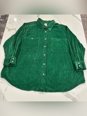 Vintage Roaman’s Green Corduroy Button Up Shirt Shacket 3X Cotton Wide Whale 90s